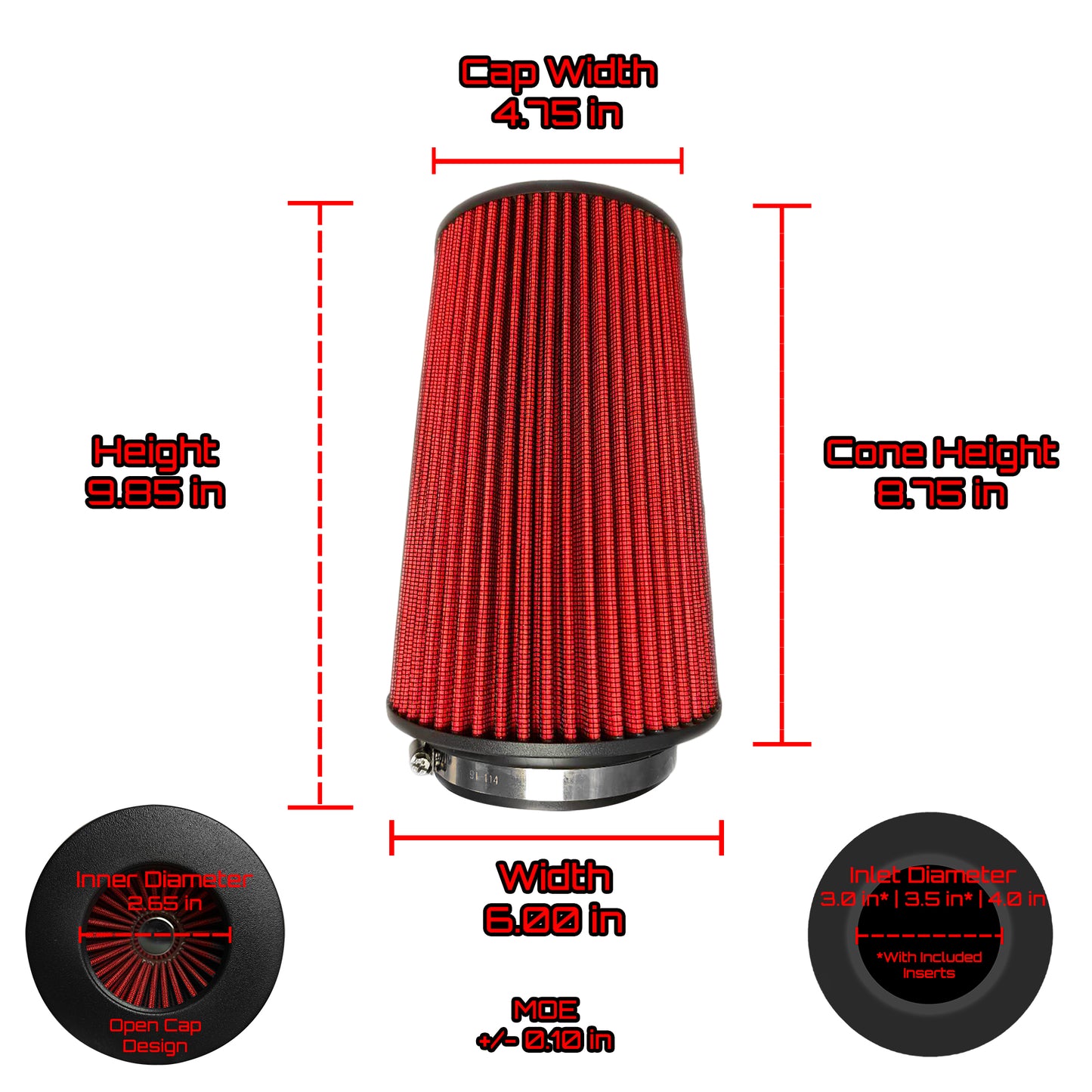Universal 3.0" 3.5" 4.0" Inlet Performance Dry Air Filter 9.85" H x 6.00" W - Black Cap