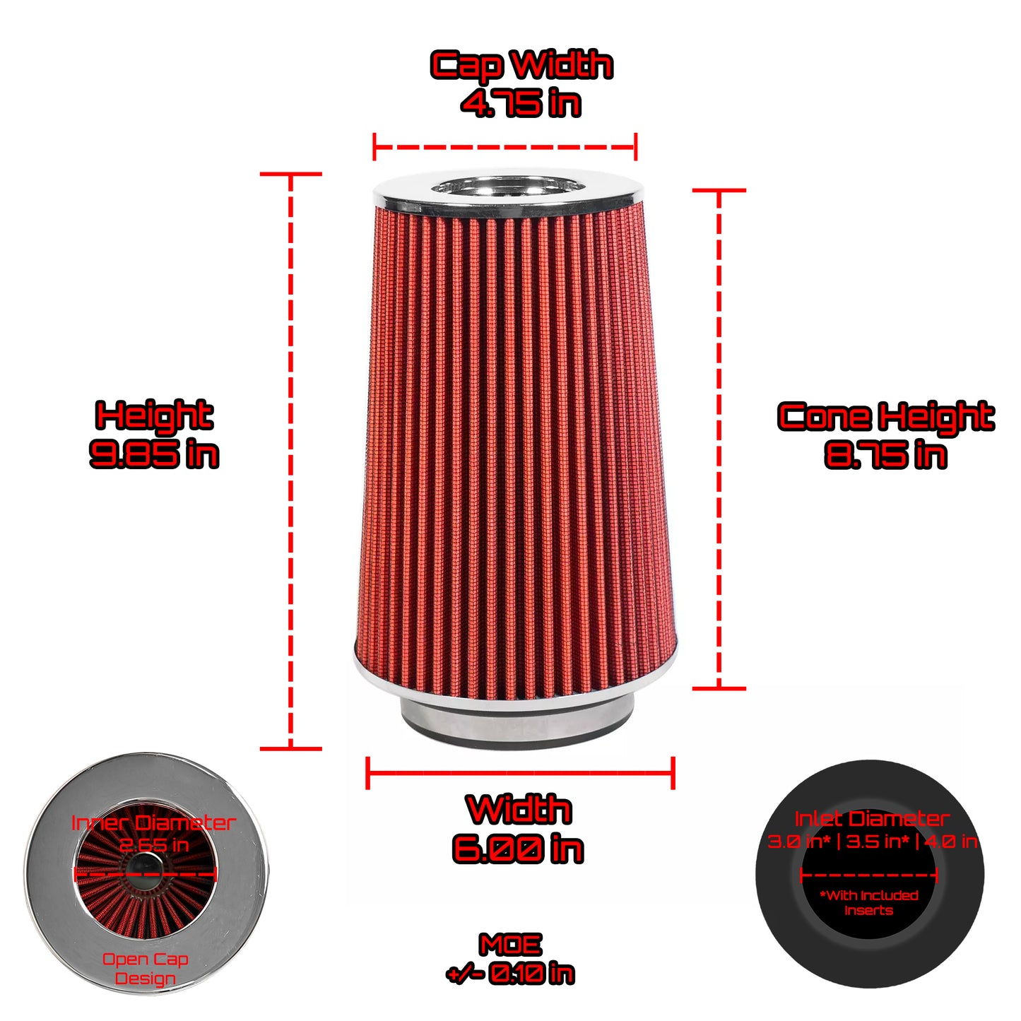 Universal 3.0" 3.5" 4.0" Inlet Performance Dry Air Filter 9.85" H x 6.00" W - Polished Cap